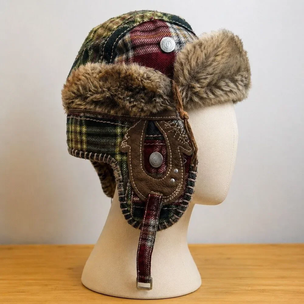 Vintage Y2K True Religion Patchwork Plaid Faux Fur Trapper Aviator Hat OS